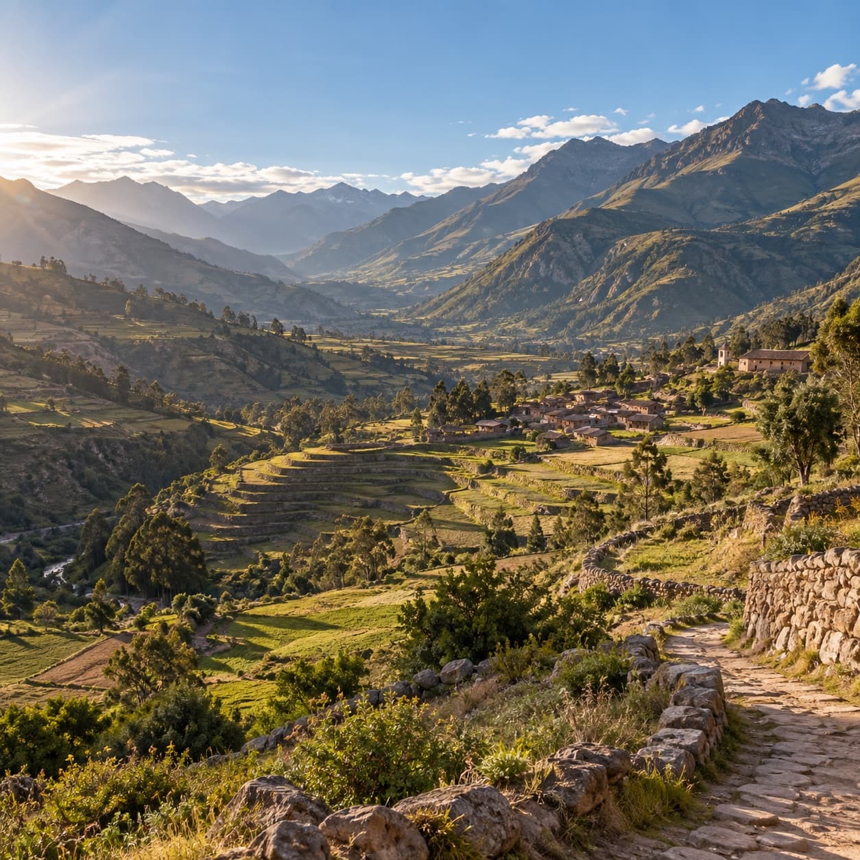 Terraced fields and a village beneath the mountains of the Peruvian Andes.