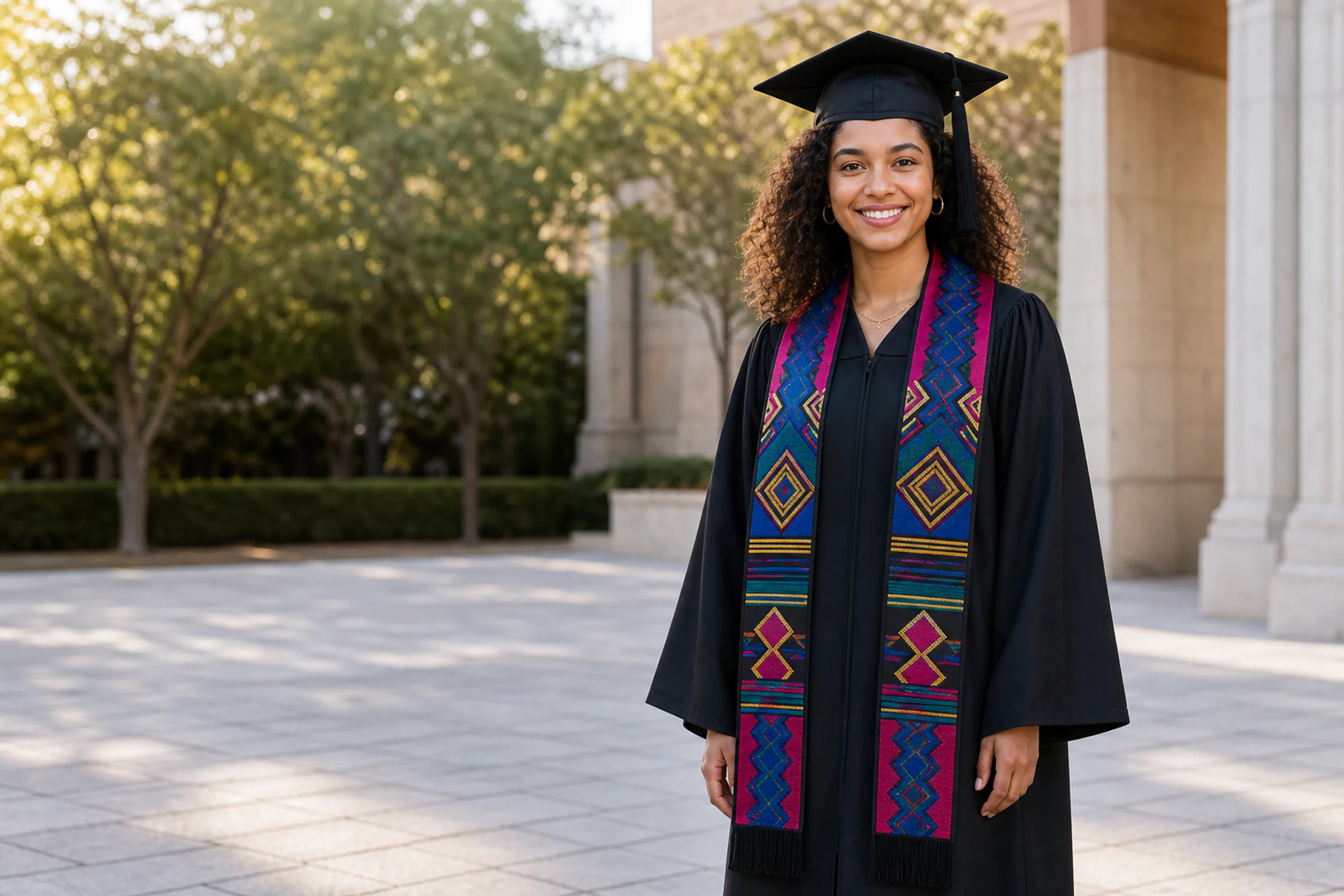 A graduate in a black cap and gown wearing a bright blue, magenta, gold, and green woven stole in a university courtyard.