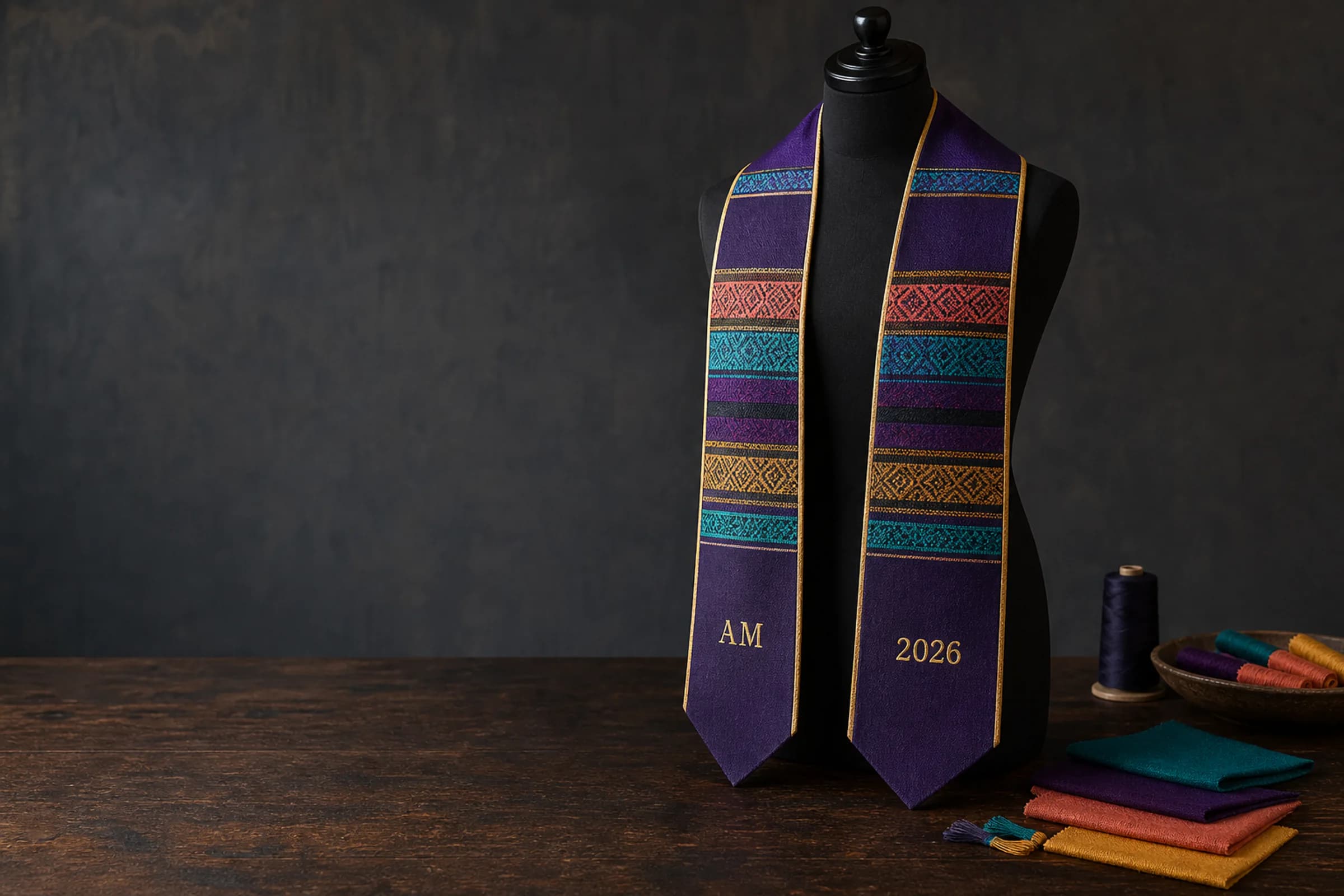 A purple woven graduation stole on a tailor's form with gold AM and 2026 embroidery beside coordinating threads.
