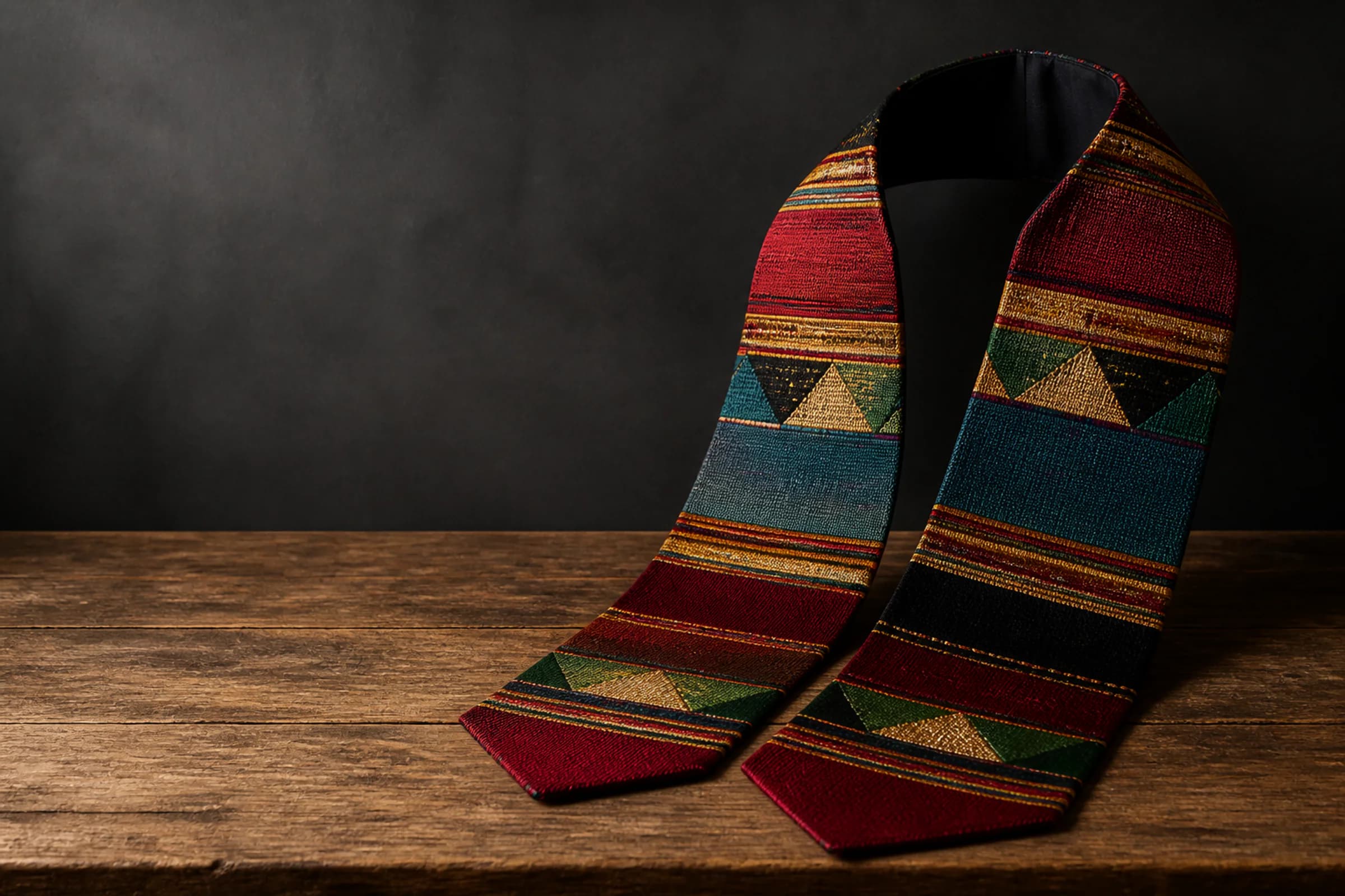 A multicolored woven graduation stole arranged on a wooden worktable, showing textured red, teal, gold, green, and black panels.